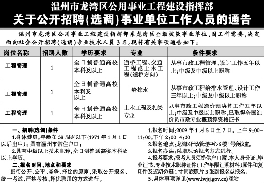 龙湾区公用事业工程建设指挥部公开招聘事业单